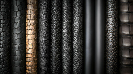 Fototapeta premium Leather textures, vertical arrangement, dark background, design