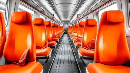 Empty train car, orange seats, aisle view, journey