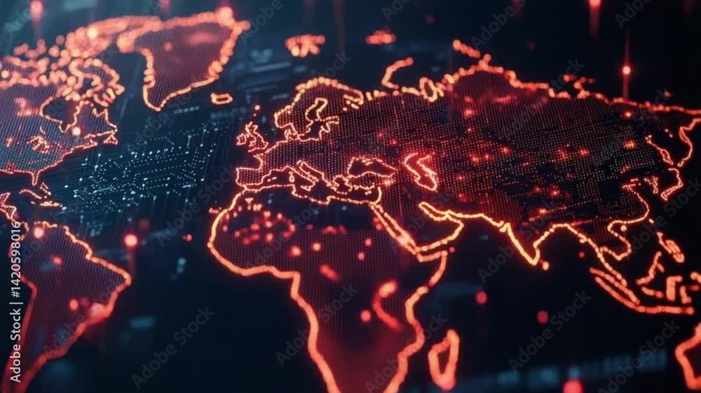 Poster digital world map with network connections and red graphics