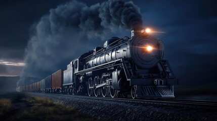 Vintage Steam Locomotive Pulling Freight at Night with Dramatic Smoke and Illuminated Headlight on Railroad Tracks in a Scenic Landscape