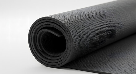 A close-up view shows a rolled yoga mat with a textured surface on a white backdrop.