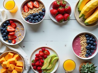Fresh fruit salad. A view of a breakfast table featuring a variety of colorful healthy foods.
