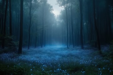Enchanted Forest at Night with Bioluminescent Flowers and Misty Atmosphere