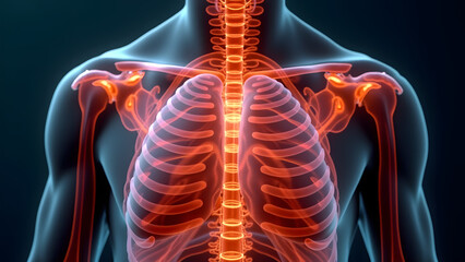 Costosternal articulations glowing white/copper with aging changes. Perfect for thoracic surgery prep.