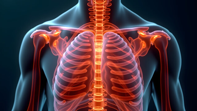 Costosternal articulations glowing white/copper with aging changes. Perfect for thoracic surgery prep.