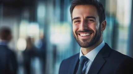 Fototapeta premium Confident Professional Smiling in Modern Office Setting with Natural Light, Wearing Business Suit and Tie