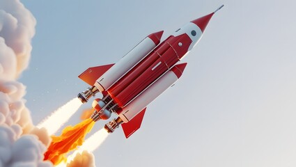 Red and White Rocket Concept: 3D Illustration with Dynamic Thrusters
