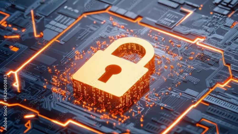 Poster secure digital lock icon on abstract technology circuit background
