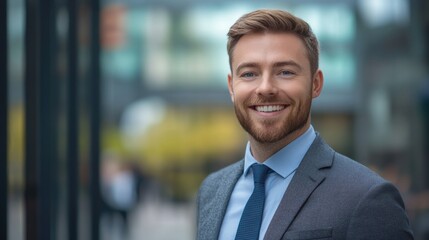 Fototapeta premium Smiling businessman with suit and tie exudes confidence and success outdoors in a professional headshot