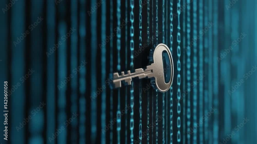 Poster key inserting into digital lock surrounded by binary code background