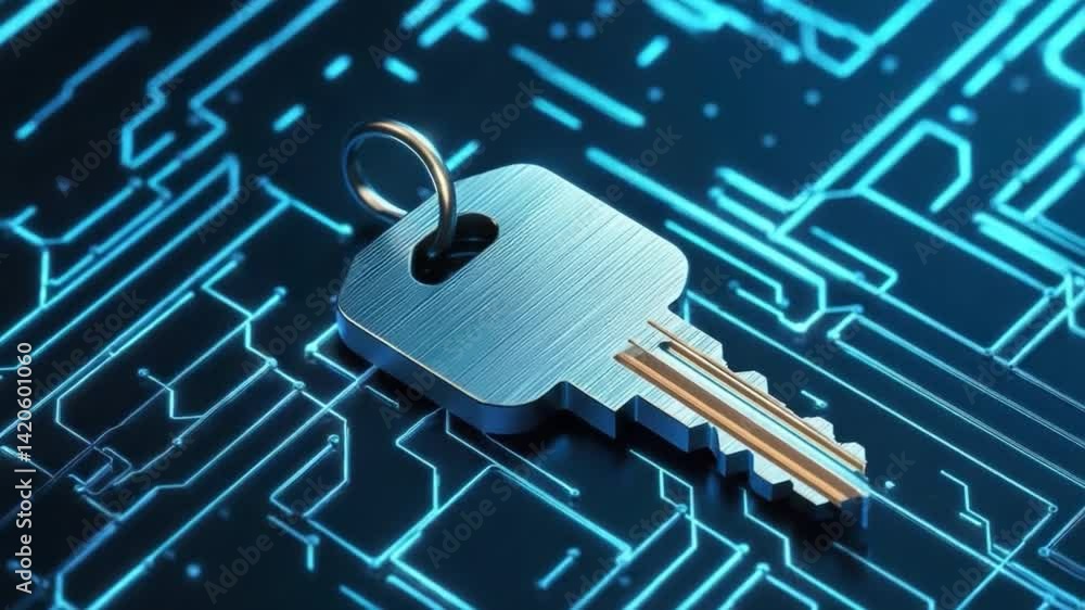 Poster digital key on circuit board background representing cybersecurity concept