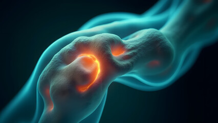 Sternal angle joint glowing teal/platinum with fusion stages. Ideal for cardiothoracic surgery.