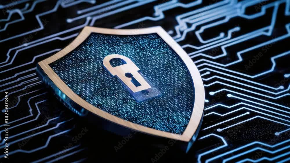 Poster digital shield with padlock symbol on circuit board background