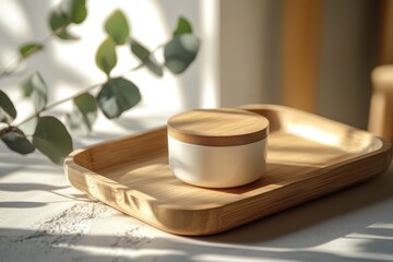 Elegant bamboo lid cream jar on wooden tray with soft sunlight and green leaves creating a calming aesthetic ambiance Mockup.