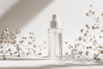 Elegant Clear Glass Spray Bottle Surrounded by Delicate Dried Flowers on a Soft Neutral Background Mockup.