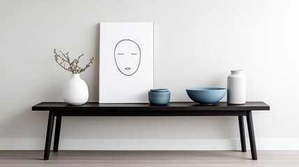 Modern console table with minimalist decor.  A simple, dark wooden console table, accented with a minimalist white vase, a gray-blue bowl, and a dark gray/indigo bowl. 