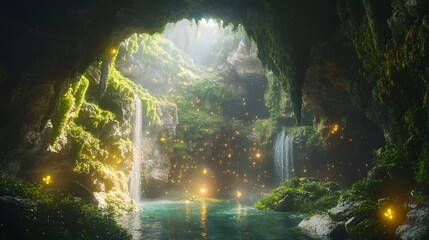 Fototapeta premium Lush cave with dense growing along the wal
