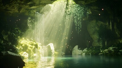Fototapeta premium Lush cave with dense growing along the wal