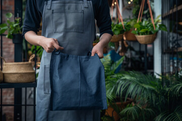 Delivery person holding navy-blue bag in front of modern cafe with brick walls and plants, urban street style with warm natural lighting
