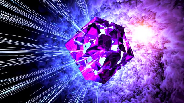 Purple crystal morphing into red, shattering with vibrant light streaks, colorful smoke emanating against dark backdrop