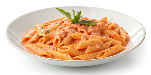 Creamy Penne Pasta with Tomato Sauce and Basil Garnish on White Plate – Italian Cuisine