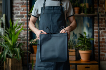 Delivery person holding navy-blue bag in front of modern cafe with brick walls and plants, urban street style with warm natural lighting
