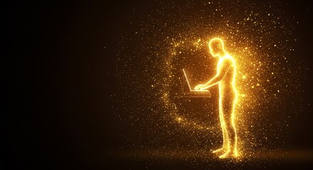 Naklejka premium Golden humanoid silhouette fixing computer amidst sparkling particle vortex on dark backdrop