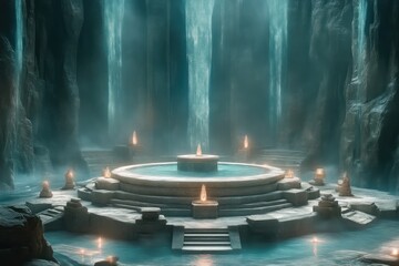 Enchanted Fountain in a Mystical Grotto with Illuminated Candles and Cascading Water Ideal for