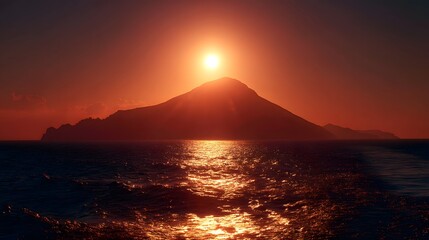 Round sharp sun setting behind stromboli