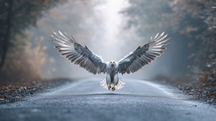 Naklejka premium Eagle landing on road, misty forest background, freedom, nature