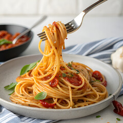 "Fork Twirling Spaghetti with Tomato Sauce and Basil on Plate – Authentic Italian Pasta Dish