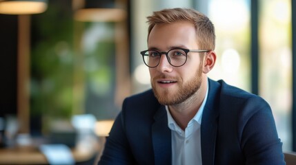 Fototapeta premium Confident bearded man in glasses and suit jacket sitting indoors with neutral expression and blurred background