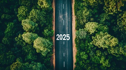 Road to 2025 Surrounded by Lush Forest, Aerial view of a road with 2025 painted on it, surrounded by lush green forest