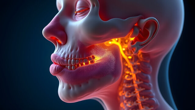 A nasopharyngeal cancer glowing blue/gold with skull invasion. Perfect for Asian oncology studies.