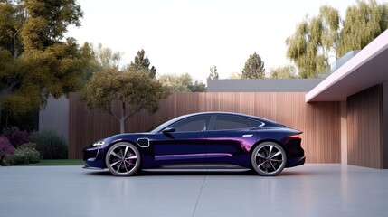 Fototapeta premium Luxury electric car parked outside modern home