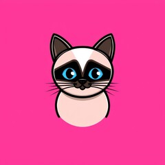 Obraz premium Cartoon illustration of a white cat with black markings and bright blue eyes on a pink background