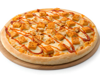 Buffalo Chicken Pizza with Ranch Drizzle and Mozzarella Cheese on Thick Crust – Close-Up Food Shot