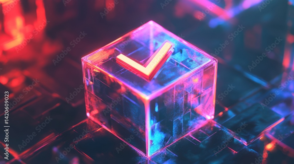 Aufkleber validated translucent block with glowing edges and check mark for technological accuracy