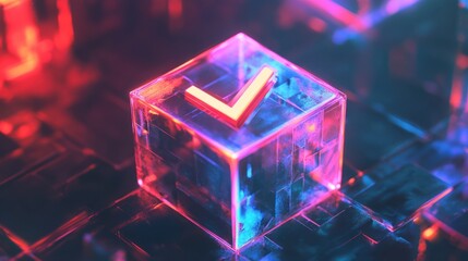 Validated translucent block with glowing edges and check mark for technological accuracy