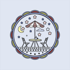 Whimsical Outdoor Café Scene with Stars, Moon, and Umbrella Table