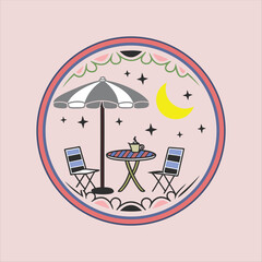 Whimsical Outdoor Café Scene with Stars, Moon, and Umbrella Table