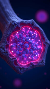 A leukemic bone marrow glowing blue/purple. Perfect for blood cancer awareness.