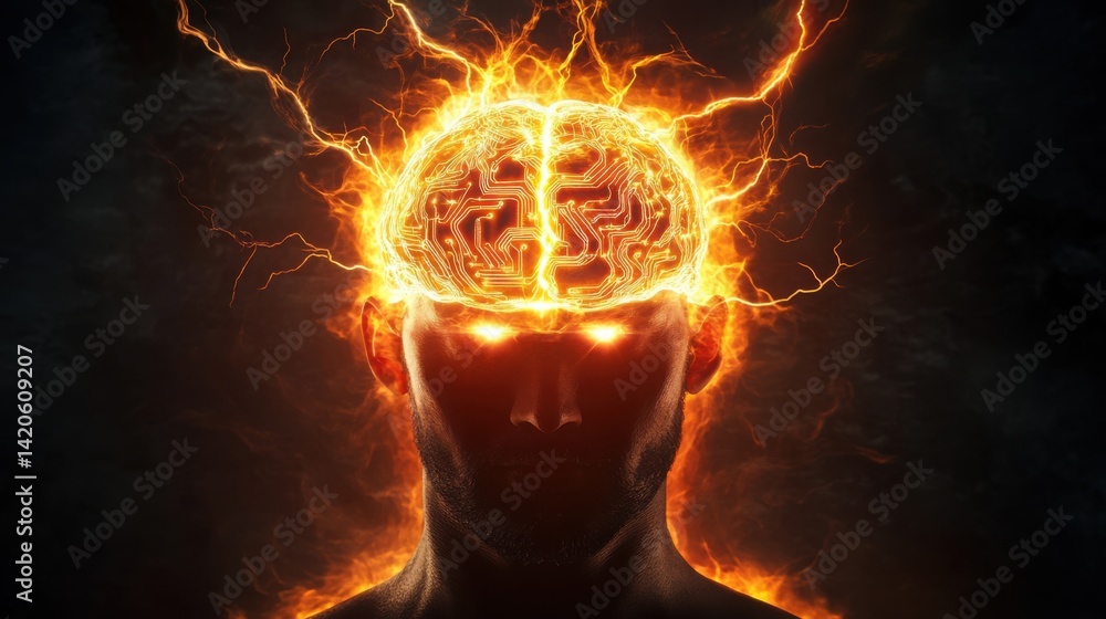 Poster conceptual image of electricity and technology with a glowing circuit brain on a dark background