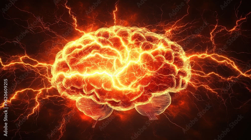 Poster conceptual image of electricity and technology with a glowing circuit brain on a dark background