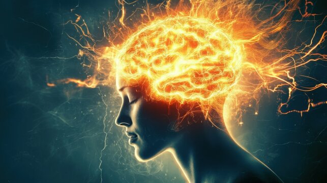 Create 20 prompts for stock photos related to Conceptual image of electricity and technology with a glowing circuit brain on a dark background with 100-250 characters and ending with