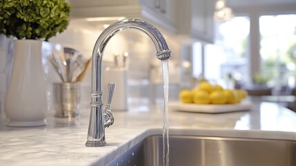 Contemporary kitchen faucet with running water on a marble countertop backdrop
