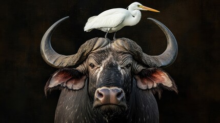 Naklejka premium Cape buffalo portrait, egret perched, African savanna, wildlife photography, nature