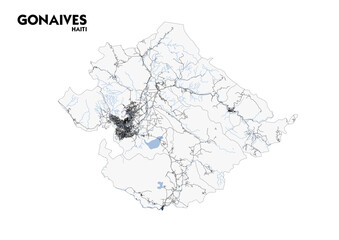 vector map of highway, buildings and waterway in gonaives, haiti with black and white theme colors