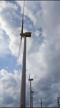 A clean energy view showing massive wind turbines at Puttalam spinning slowly in the breeze under a clear sky showcasing Sri Lanka&rsquo;s shift to renewable energy