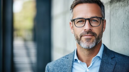 Naklejka premium Professional man with salt and pepper hair and beard wearing glasses and a blue shirt poses confidently indoors.